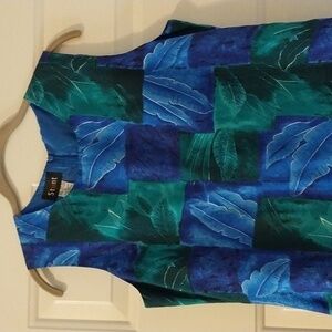 Stunt Vintage 100% Silk Sleeveless Dress‎ Blue/Green Leafy Print Size M